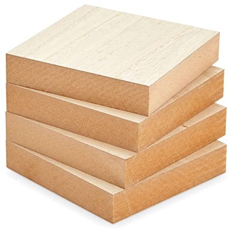 4 Pack of Unfinished Wood Blocks for Crafting, 2.54 cm Thick MDF Wooden Squares (12.7 x 12.7 cm) for DIY Projects, Wall Decorations, Art Classes, Photo Blocks, Painting