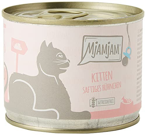 MjAMjAM - Premium Nassfutter für Katzen - Kitten saftiges Hühnchen mit Lachsöl, 6er Pack (6 x 200 g), getreidefrei mit extra viel Fleisch