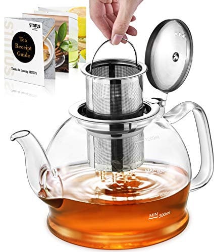 Glass Teapot, 1200 ml Tea Pot, STNTUS Glass Teapot with Infuser, Tea Pot Infusers for Loose Tea, Borosilicate Teapots with Strainer, Teapot for 4-6 Cups