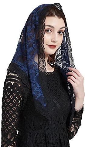 FANFAN Kirchenschleier, kathdral, Spitze, Mantilla, Unendlichkeits-Schleier, dreieckig, Y021 - blau - Einheitsgröße