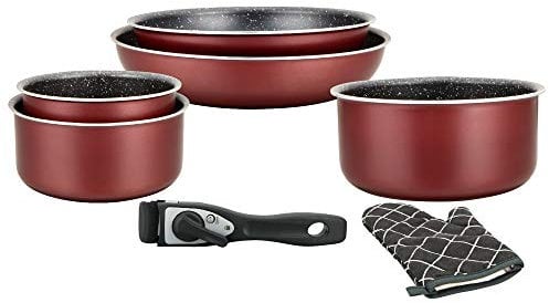 Herzberg HG8053 BR Batterie De Cuisine, Lot de 3 Casseroles Induction et 2 Poeles Tous Feux de différentes tailles et 1 gant de cuisine, Revêtement Marbre Antiadhésif, Poignées Amovibles, Rouge