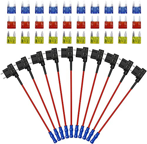 FABOOD F 10 Stück 12 V Auto Add-A-Circuit Sicherung Tap Adapter Piggy Back Mini APM ATM Flachsicherungshalter mit 10 A 15 A 20 A Flachsicherung für Autos, LKWs, Boote ...