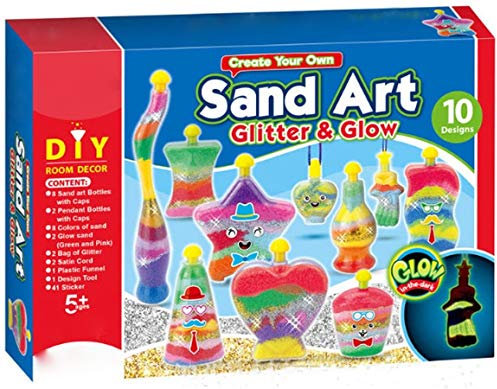 ADEPTNA DIY 10 PC Sand Art Glitter and Glow Kit for Kids Toddlers – Create Your Own Creative Craft DIY with Assorted Shape Bottles and Pendant Decorative Glitters Sand Activity Art