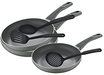 San Ignacio Q4030 Trébol Bratpfannen (20,2 cm und 28 cm) aus gepresstem Aluminium und Küchenutensilien-Set aus Nylon, Grau