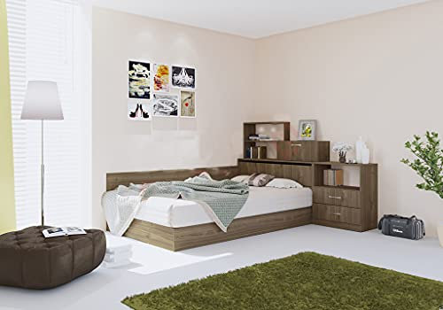 ARREDO DA CASA Letto Noce Chiaro Per La Cameretta Economico Struttura Una Piazza E Mezza Moderna Con Cassetti E Ripiani Sulla Testiera E Lateralmente LI3 (Letto + rete + materasso, noce chiaro)