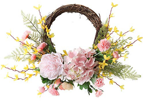 HONGXW Corona de primavera para puerta delantera corona de clavel rosa corona de Pascua corona de jazmín hecho a mano corona de flores de hortensia corona de vid para pared decoración de guirnaldas