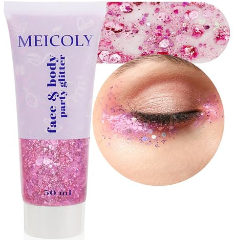 MEICOLY Gel glitterato per il corpo, rosa con glitter per il viso, con paillettes a sirena, liquido olografico, viso, occhi, labbra, capelli e unghie, gel scintillante per il corpo da donna, 50 g