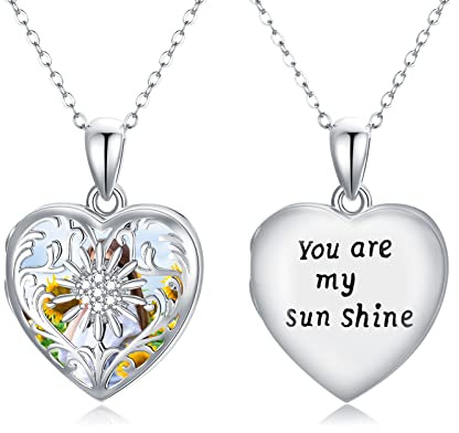 Waysles Herz Medaillon Halskette 925 Sterling Silber Sonnenblume Medaillon You Are My Sunshine kette Medaillon Foto Amulett Sonnenblume Schmuck für Frauen