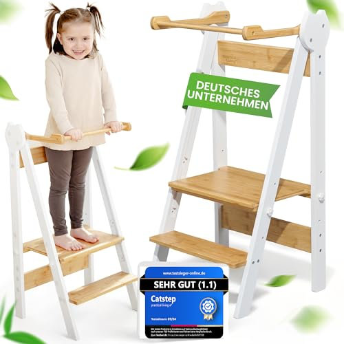 practical living e* Lernturm Montessori Platzsparend und höhenverstellbar aus Bambus für Kinder ab 1 Jahr (Klappbar) Learning Tower, Tritthocker, Learning Tower, Schemel für Kinder