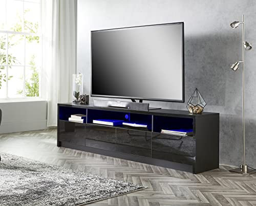 MMT Furniture LED TV Stand Cabinet Unit with Blue LED Lights -TV Console & Entertainment Unit with Storage - Gloss Finish - Modern TV Shelf Desk for up to 85 inches LED LCD Plasma Flat Screens(Black)