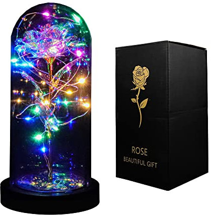 INOGIH Rose artificielle galaxie avec lumière LED colorée dans un dôme en verre pour cadeau romantique d'anniversaire