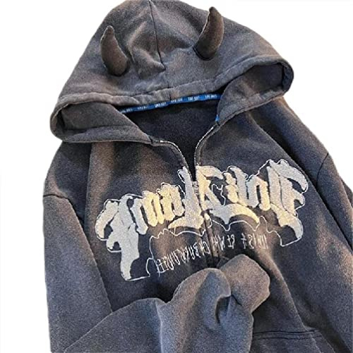 SELiLe Frauen Harajuku Cute Devil Horn Hoodies Jacken Ästhetische Punk Letters Print Ärmel Übergroßes Sweatshirt mit Tasche Hoodies Jacken für Teenager Mädchen