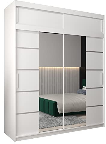 MEBLE KRYSPOL Verona 4 200 Schlafzimmerschrank Schiebetüren Schrank mit Spiegel Kleiderschrank mit Spiegel Schiebetürenschrank Kleiderschrank Schiebetüren – 200x240x62cm - Mattweiß mit Verlängerung
