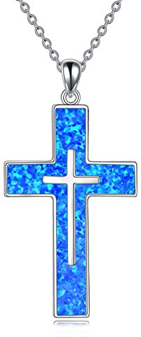 YFN Opal Kreuz Halskette Sterling Silber Kreuz Anhänger Schmuck Geschenke für Damen Herren Mädchen Jungen