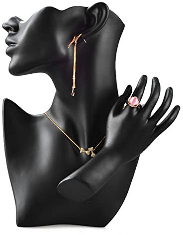 Schaufensterpuppe, Büste Ständer Organizer, schwarzes Kunstharz, Schmuck Mannequin Display Set, Ohrring Halskette Ring Display Ständer für Shop, Fotorequisit für Halsketten