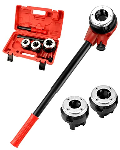 QWORK Rohreinfädler-Ratschen-Kit, 3 Schneideisen Ratschen-Rohr-Einfädelwerkzeug-Set 1/2 Zoll, 3/4 Zoll, 1 Zoll, tragbares Gusseisen-Rohrgewinde-Set, für professionelles Schneiden und Rohreinfädler