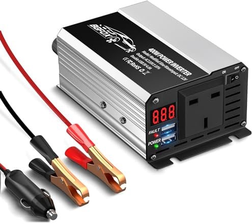 BGFOX 400W Car Power Inverter DC 12V to AC 240V 230V Voltage Converter with 2 USB 4.8A Ports for Charge Your Laptop, for iPad, iPhone, Tablet, Aluminium Body & Smart Digital Display - Silver