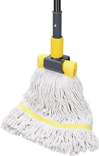 Mocio industriale resistente con manico lungo 146 cm e morsetto a ganasca, corda ad anello in cotone bagnato per la pulizia di pavimenti, casa, ufficio, garage e pavimenti in cemento/piastrelle