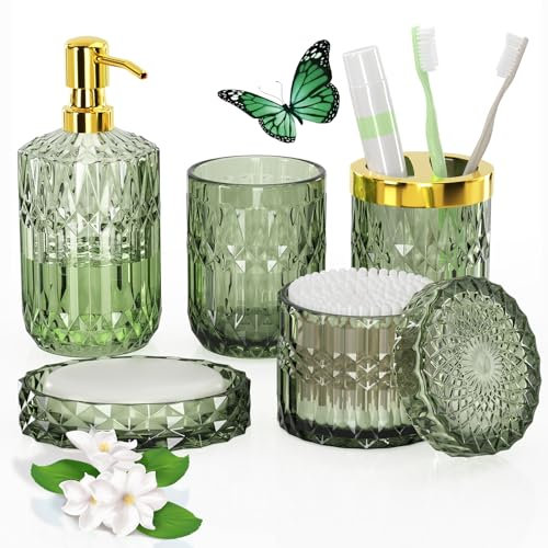 QIQU Lot de 5 accessoires de salle de bain verts modernes en verre de qualité supérieure avec distributeur de lotion, porte-savon, porte-brosse à dents, gobelet, pots à cotons-tiges, cadeau parfait