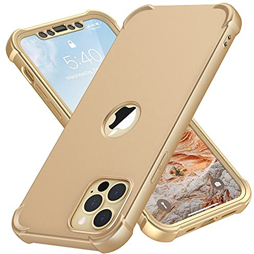 ORETECH Coque pour iPhone 12 Pro Max + 2 Pièces Verre Trempé Protection écran, 2 en 1 Antichoc Souple Silicone TPU Arrière Rigide PC Avant Housse de Protection pour iPhone 12 Pro Max 6,7 Or