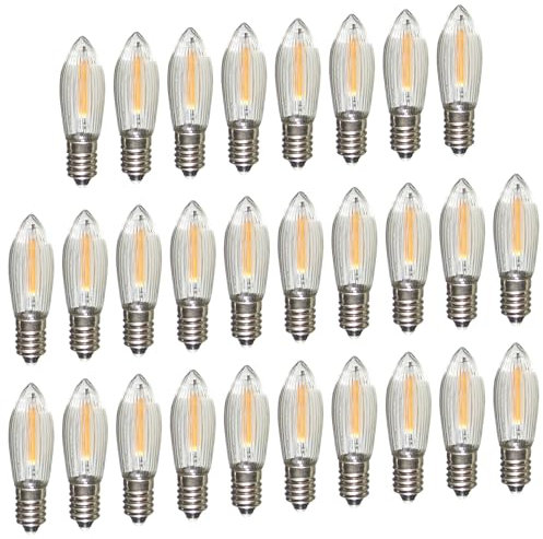 Erzgebirgslicht - AUSWAHL - 28 Stück LED Filament Topkerze 34 V 0,2 W für INNEN, für 7 Brennstellen E10 Riffelkerze Ersatzbirne Glühbirne Glühlämpchen für Lichterketten Pyramide Schwibbogen