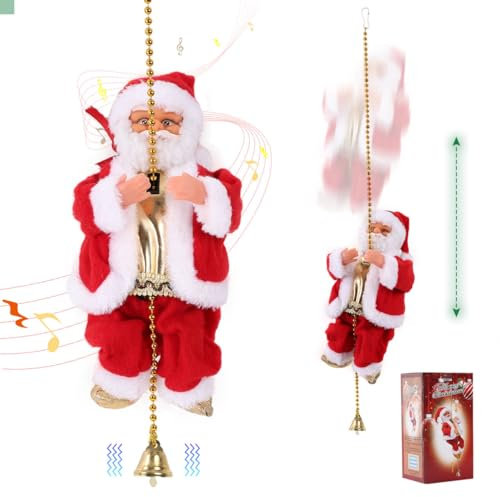 Pere Noel Grimpeur Électrique sur Corde-Figurines Animées de Père Noël en Peluche Musicales et Mouvantes pour Décoration de Noël,Cadeau de Noël