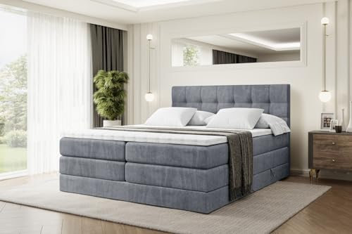 ALTDECOR Boxspringbett mit Matratze und Lattenrost, Topper, Polsterbett mit Bettkasten, Bett mit Stauraum H3- und H4- Matratze, Doppelbett, Springboxbett BERO King 140x200 - Grau Samt