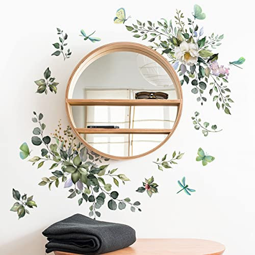 WandSticker4U®- [Aquafarben] Wandtattoo Pflanzen EUKALYPTUS BLÄTTER grün (88x93 cm) I Wandsticker Pflanzen Wild Blumen Ranken I Wanddeko Schlafzimmer Badezimmer Küche Flur Spiegel Möbel Aufkleber