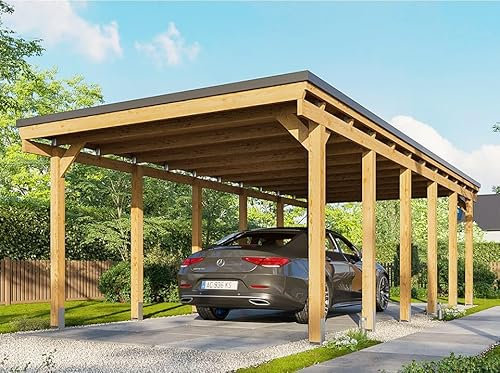 Tettoia posto auto CASTELLANE in Legno Trattato in Autoclave - 1 Auto - 373x860 cm - Supporto Ancora Incluso - Rivestimento in Feltro Bituminoso