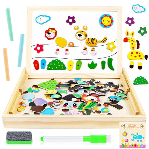 MplehDa Magnetisches Holzpuzzle - Montessori Holzpuzzle Staffelei doppelseitige Tafel Holzbrett Doodle, Tiermuster Pädagogisches Magnetische Holzspielzeug, Magnetplatte Magnet Kinderspielzeug