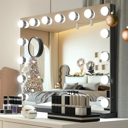 YU YUSING Hollywood Espejo Maquillaje con Luz 15 LED, 58x45 cm, 3 Modos Iluminación Regulables, Espejo Tocador, Puerto USB, Espejos de Mesa, 10x, Vanity Mirror para Tocador Dormitorio, Negro