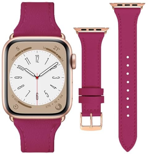 ONET8O Slim Leather Strap Compatible with Apple Watch Series Genuine Leather Replacement Band for Thin iWatch 38/40/41mm or 42/44/45/49mm for Women Rose gold Adapters-42/44/45/49mm Pink