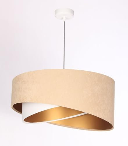 Licht-Erlebnisse Hängelampe Beige Gold Weiß E27 rund D: 50 cm Stoff Velours Optik Doppelschirm Modern verstellbare Hängeleuchte Wohnzimmer Pendelleuchte Esstisch