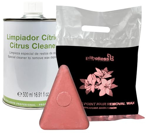 Pack Pastillas Ceras Depilatorias Baja Fusión 1kg | + Limpiador Cítrico para Eliminar los Restos de Cera de Aparatos de Uso Profesional 500ml (Rosa)