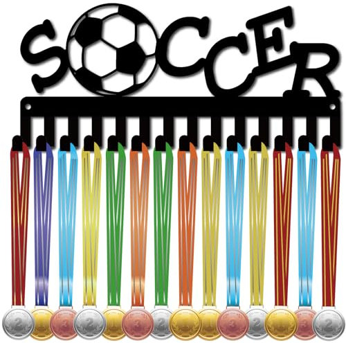 CREATCABIN Fußball-Medaillenhalter,Medaillenaufhänger,Präsentationshalter,Rahmen,Sport,Klein,Schwarzes Metall,Schlüsselband,Bänder,Gestell Mit Haken Zum Aufhängen Über 14 Medaille Athleten,29x13cm