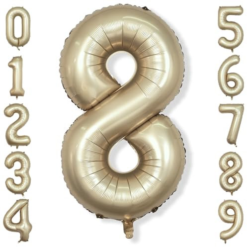 Metallic Gold Number 8 Balloons, 40 Inch Giant Light Champagne Gold Mylar Foil Number 8 Ballon for Boy Girl, Self Inflating 8th Birthday Helium Balloon for Women Anniversary Party Decorations Supplies