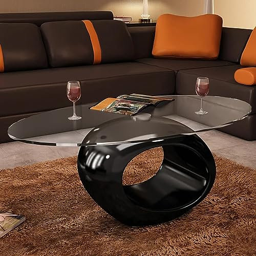 Mengtu Mesa de café con estante ovalado de cristal negro brillante, mesa de terraza, mesa de comedor, mesa de cocina, mesa de exterior jardín