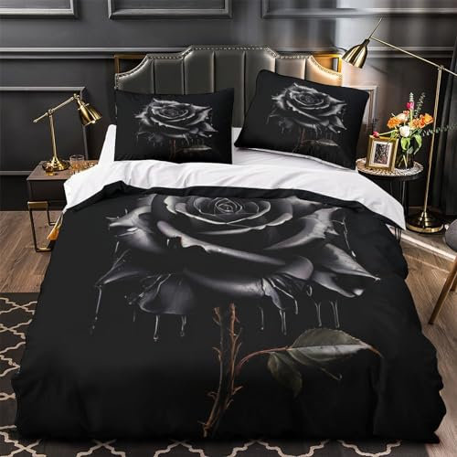 Black Rose Bedding 3D Printed Duvet Cover Set for Adults Teens Kids with Romantic Rose Pillow Case And Bedding Set Microfiber Quilt Cover with Zipper Single(140x200cm)