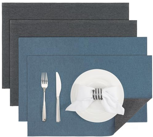 Banchif Tischsets abwaschbar doppelseitig Platzset Platzdecken abwaschbar | Platzsets abwaschbar Leinenimitat 4er Set doppelseitige Tischsets maschinenwaschbar rechteckig Platzdecken (Grau-Blau)