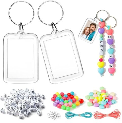 BOOMTOP 5 Stück Schlüsselanhänger Foto Acryl Schlüsselanhänger für Bilderrahmen Transparent Fotoanhänger mit Schlüsselring Bild Anhänger mit 260 Acryl Perlen Set Schlüsselbund Geschenk