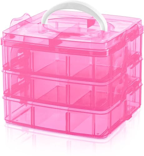 Daletu Sorting Boxes for Small Parts with Lid, Plastic Storage Box Small for Metal Parts, Beads, Building Blocks, Three Levels with Removable 18 Compartments, Transparent, Pink