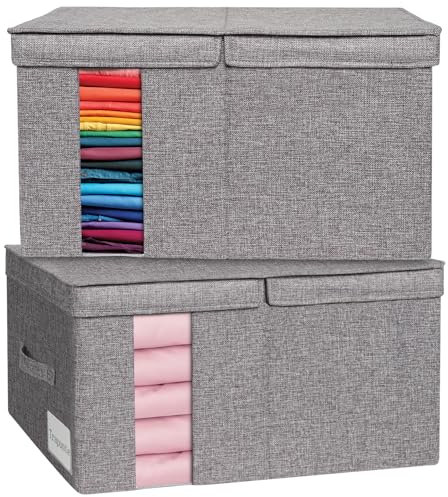 Huquter 60L Große Kleidung Aufbewahrungsbox Stoff mit Reißverschlüssen, Seiten- und Bodenschutz, 2er-Pack Aufbewahrungstasche, Verstärkter Griff Stabiler Doppelreißverschluss, DurchsichtigesFenster,2