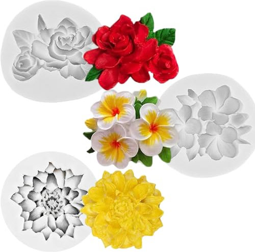 Ainvhh Lot de 3 moules en silicone en forme de fleur d'hibiscus Plumeria Rose Fondant pour pâte à sucre, décorations de cupcakes, savon, argile polymère, projets d'artisanat, décoration de gâteau de