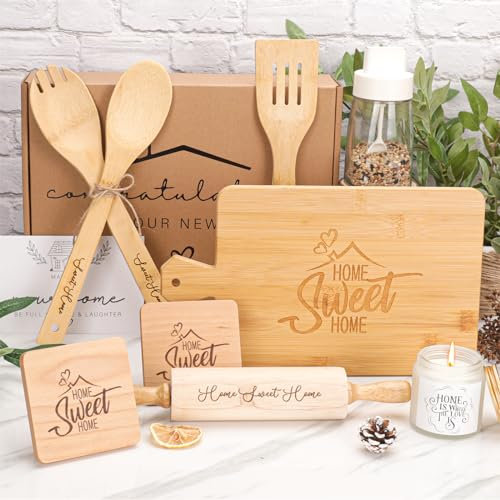 Regalos de inauguración de la casa, cesta de regalos de inauguración de la casa para parejas, regalos de inauguración de la casa, ideas de regalo esenciales para el hogar, posavasos para tabla de