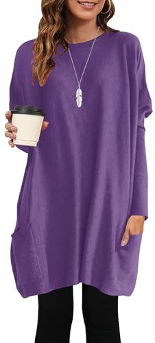 AUSELILY Camiseta Manga Larga Mujer Cuello Redondo Camisa Jersey Ligera Sudadera Camisa Blusas con Bolsillos Informal Violet XL