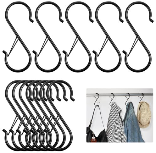 SRLWMYI 12 Stück S Haken Metall Mit winddichter Schnalle Haken zum einhängen S Haken Schwarz S-Haken ideal Küche Geeignet, für Küche Bad Schlafzimmer, für Töpfe und Pfannen Pflanzen Hängende Kleidung