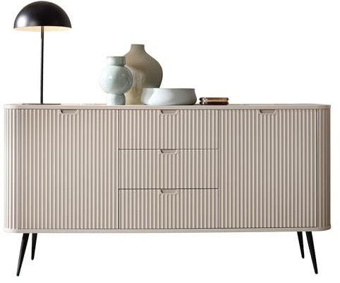 BETTSO - Kommode mit Schubladen und Türen - mit hohen Beinen und dekorativen Rillen - 168cm breit, 87cm hoch - für Wohnzimmer, Schlafzimmer, Flur - Kaschmir + Schwarz