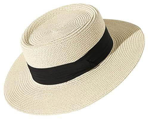 HIQIU Sombrero de verano de paja para mujer con ala ancha, protección UV, sombrero de playa, sombrero de paja, sombrero de panamá para playa y viajes, Sombrero beige con cinta negra, 56-58
