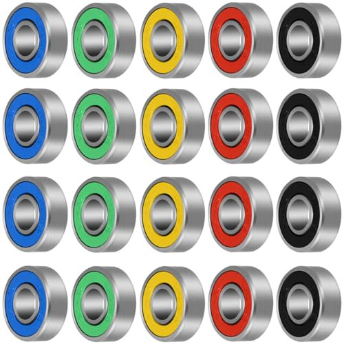 CODIRATO 20 Stück 608RS Kugellager Kohlenstoffstahl Rollenlager mit Double Shielded Reibungsfreie Skateboard Longboard Roller Bunte Miniatur Rillenkugellager für Roller Skates Scooter, 8mmx22mmx7mm