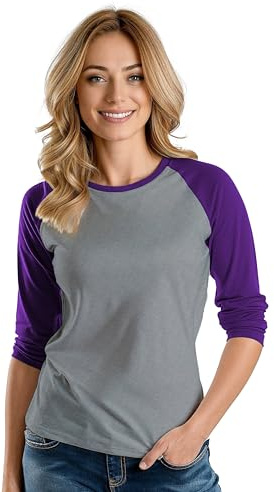 Baseball Tshirt Womens Three Quarter Length Sleeve Tops for Women-3/4 Length Sleeve Womens Tops Plus Size, Heather Grey & Purple Womens Raglan, M